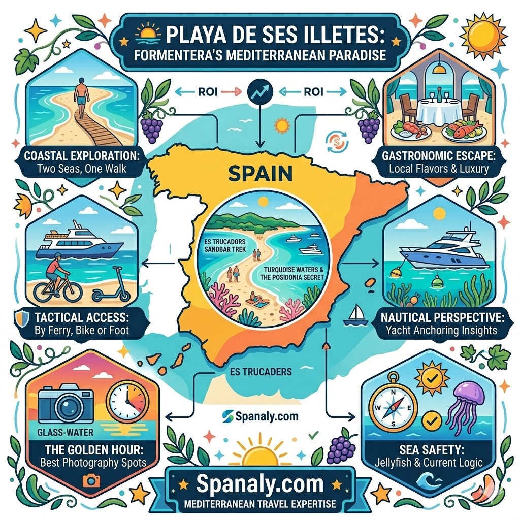 An epic infographic map of Spain highlighting Formentera's Playa de Ses Illetes, featuring illustrated guides for coastal exploration, high-end dining, tactical access, yachting, golden hour photography, and sea safety.