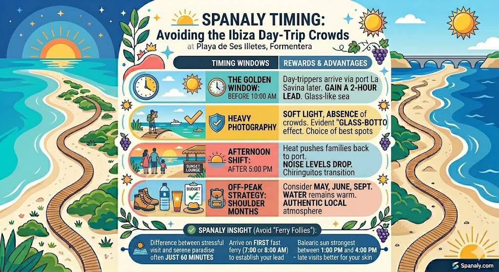 Tactical infographic for avoiding crowds at Playa de Ses Illetes Formentera featuring the 10 AM golden window and late afternoon photography tips.