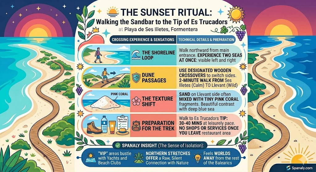 Sunset infographic for Playa de Ses Illetes in Formentera highlighting the crossing experience to Es Trucadors and dune passage tips.