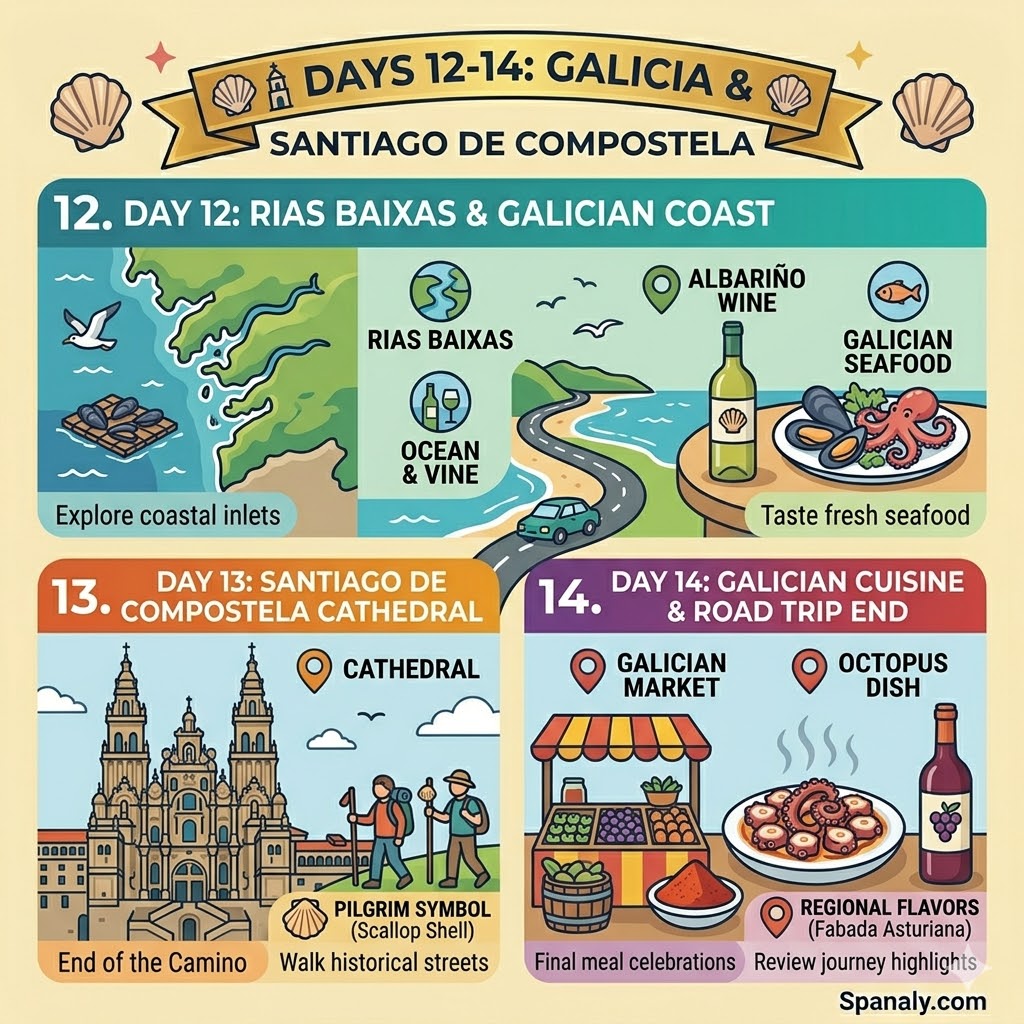 A colorful 1024x1024 infographic map of a 3-day Galicia itinerary including Ribeira Sacra Sil Canyon boat trip, Santiago de Compostela Cathedral, and Rias Baixas seafood.