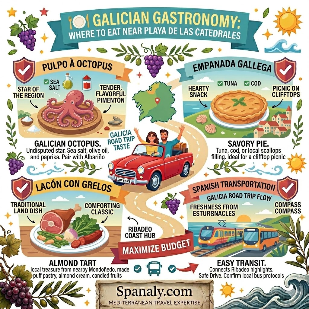 A colorful Galician gastronomy infographic showcasing must-try dishes near Playa de las Catedrales, featuring Pulpo à Feira (octopus), Empanada Gallega, fresh seafood platters (mariscadas), Lacón con Grelos, and Tarta de Mondoñedo.