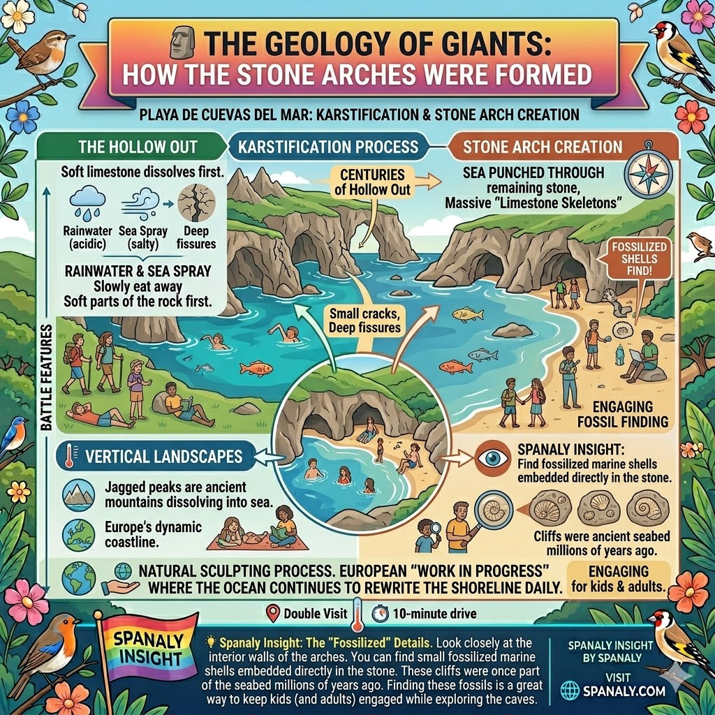 Infographic explaining the geology of Playa de Cuevas del Mar including karstification process, limestone arch formation, and fossilized marine shells in Asturias.