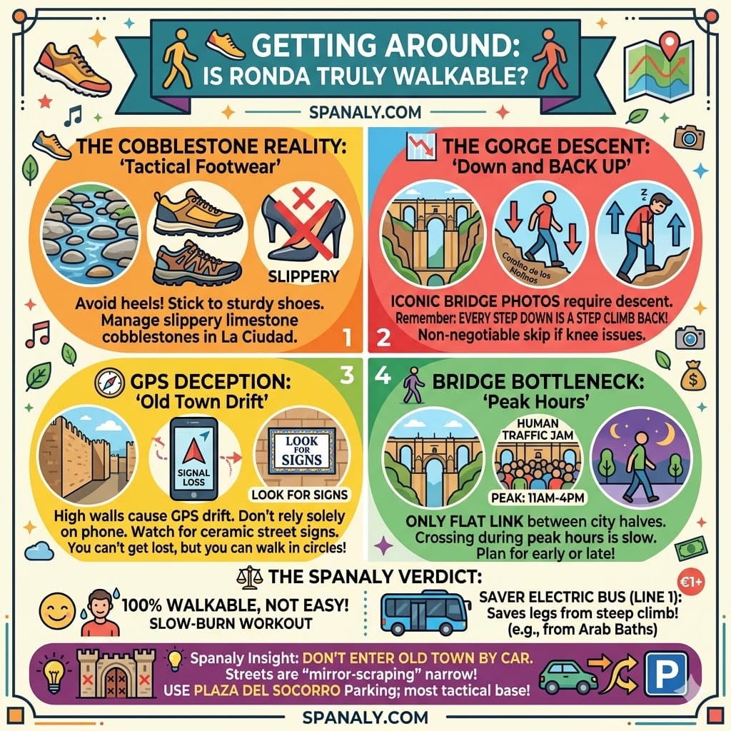 A tactical walking guide infographic for Ronda, Spain, detailing the challenges of cobblestone streets, GPS signal loss in the Old Town, and tips for navigating the steep gorge descent.