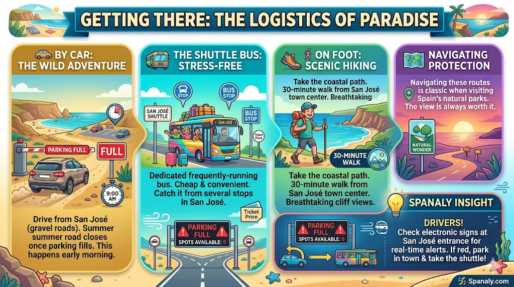 Infographic detailing how to get to Playa de los Genoveses in Cabo de Gata Natural Park, featuring options for car travel, shuttle bus service from San José, scenic hiking on coastal paths, and expert parking full alerts by Spanaly.com
