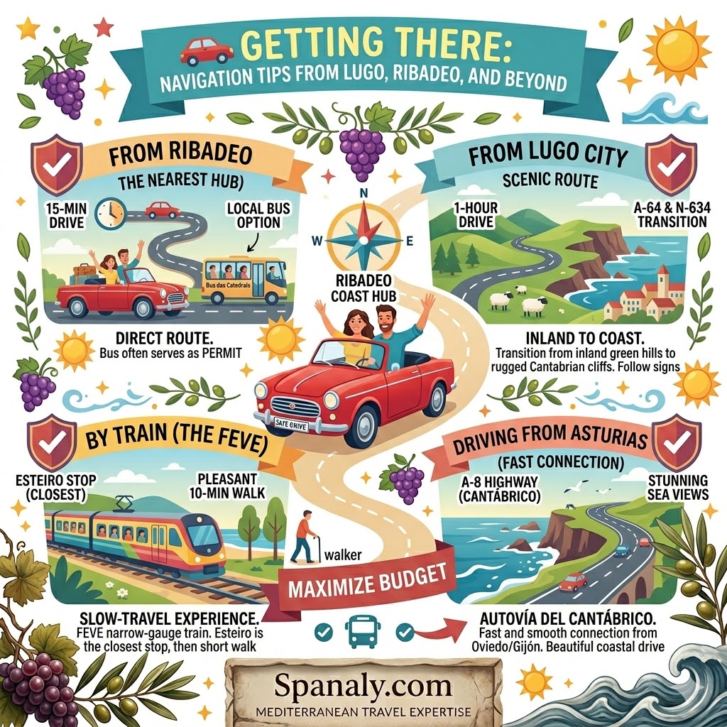 A colorful navigation infographic showing how to reach Playa de las Catedrales from Ribadeo, Lugo, and Asturias, featuring car routes, the FEVE train option, and the Bus das Catedrais.