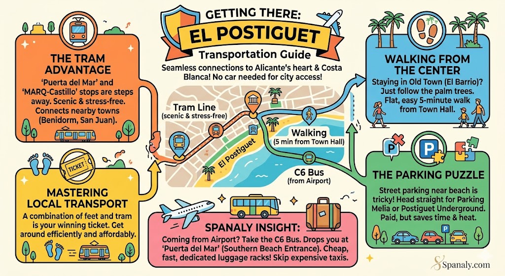 Transportation guide infographic for El Postiguet Beach in Alicante, featuring tram stops, walking routes from the Old Town, parking hacks, and C6 airport bus info by Spanaly.com
