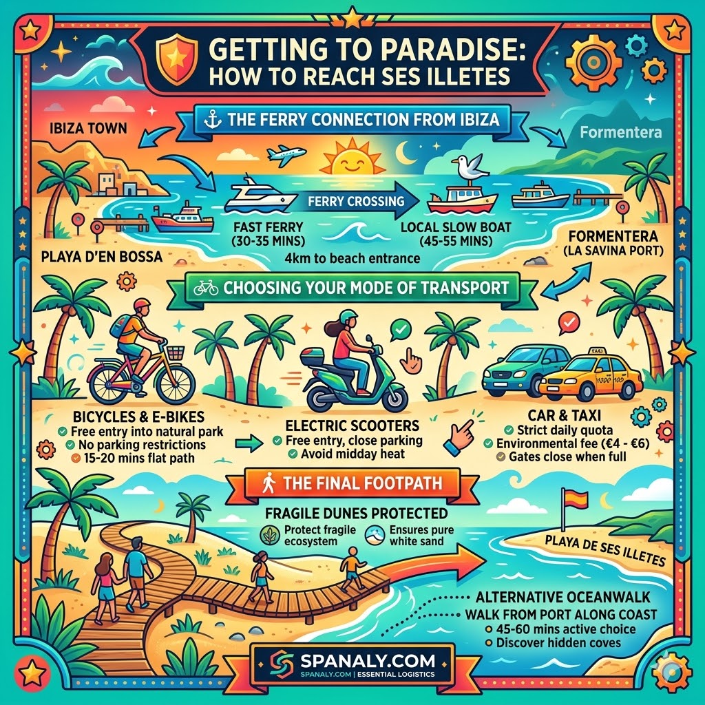 A colorful infographic showing how to reach Playa de Ses Illetes from Ibiza, featuring ferry options from Ibiza Town, bicycle and e-bike paths, electric scooter benefits, and car access rules within the Ses Salines Natural Park.