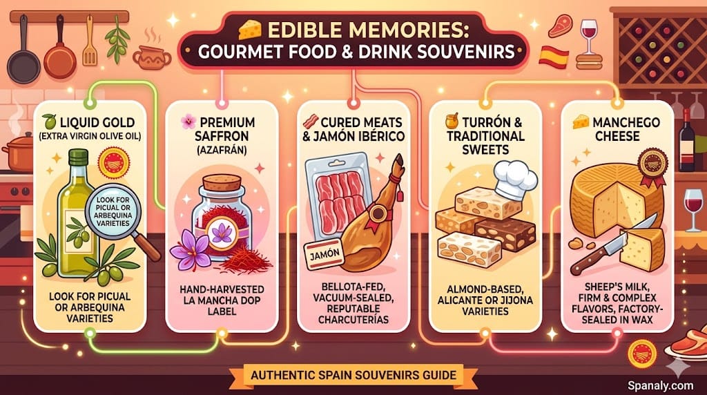A colorful infographic showing premium Spanish food souvenirs including Extra Virgin Olive Oil, La Mancha saffron threads, vacuum-sealed Jamón Ibérico, traditional Turrón nougat, and Manchego cheese wheels.