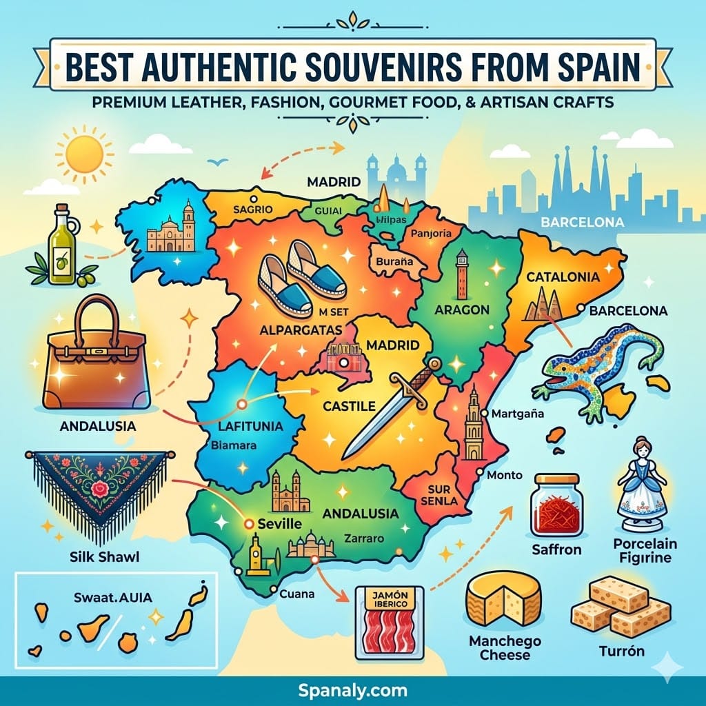 A vibrant circular 1024x1024 infographic map of Spain showcasing icons of best authentic souvenirs to buy, including premium leather bags, hand-stitched alpargatas, silk shawls, and gourmet food, with Spanaly.com logo, all in English with no Arabic text or year.