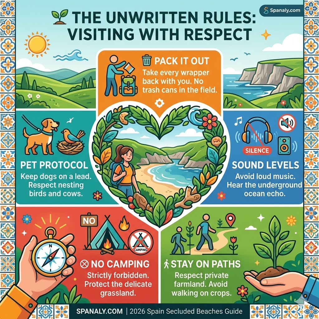 A colorful infographic showing the unwritten rules for visiting Playa de Gulpiyuri, including packing out trash, pet protocols, and staying on designated paths.