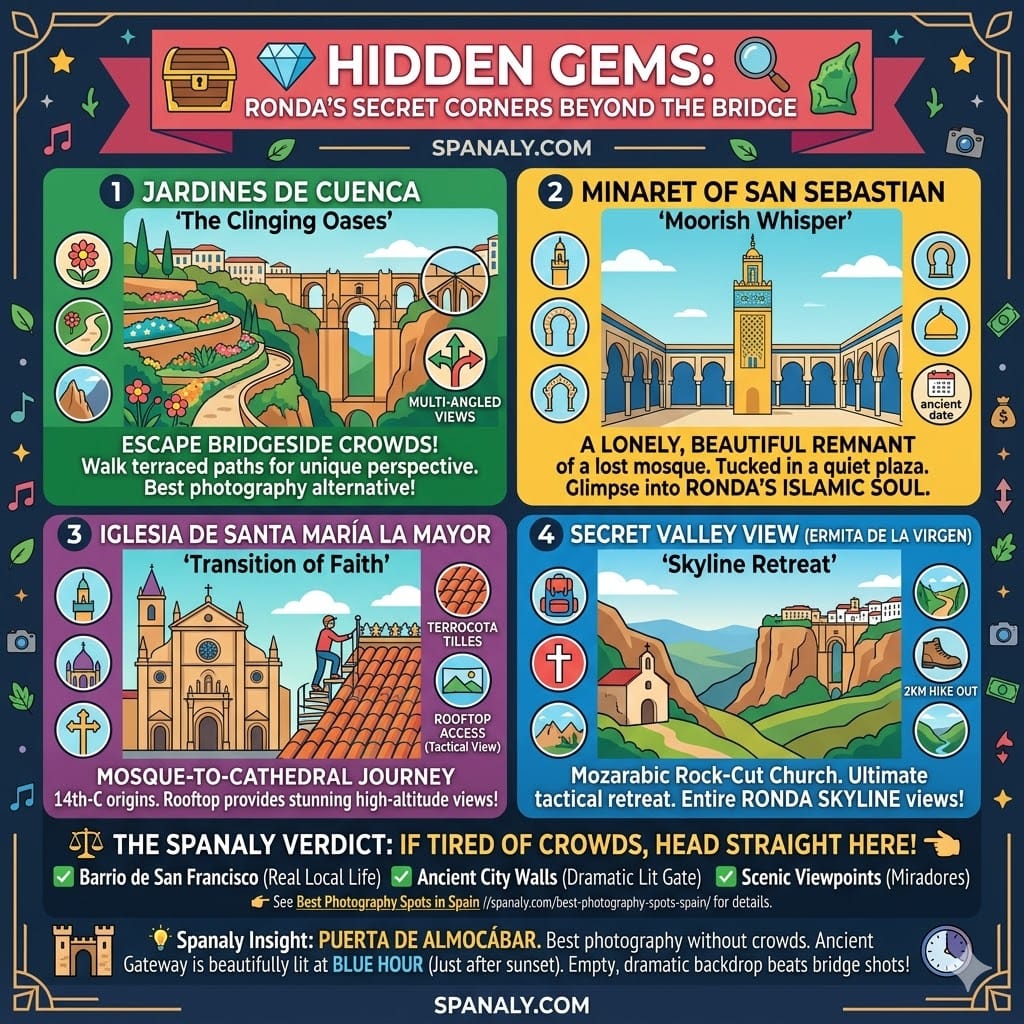 A detailed infographic showcasing Ronda's hidden gems, including Jardines de Cuenca, Minaret of San Sebastian, Iglesia de Santa María la Mayor rooftop, and the Ermita de la Virgen de la Cabeza skyline view.