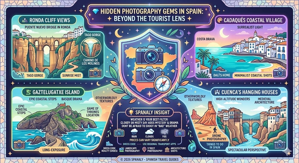 Colorful infographic highlighting Spain's hidden photography gems including Ronda, Cadaqués, Gaztelugatxe, and Bardenas Reales. It provides expert tips for capturing unique landscapes, coastal views, and architectural wonders beyond the tourist lens.