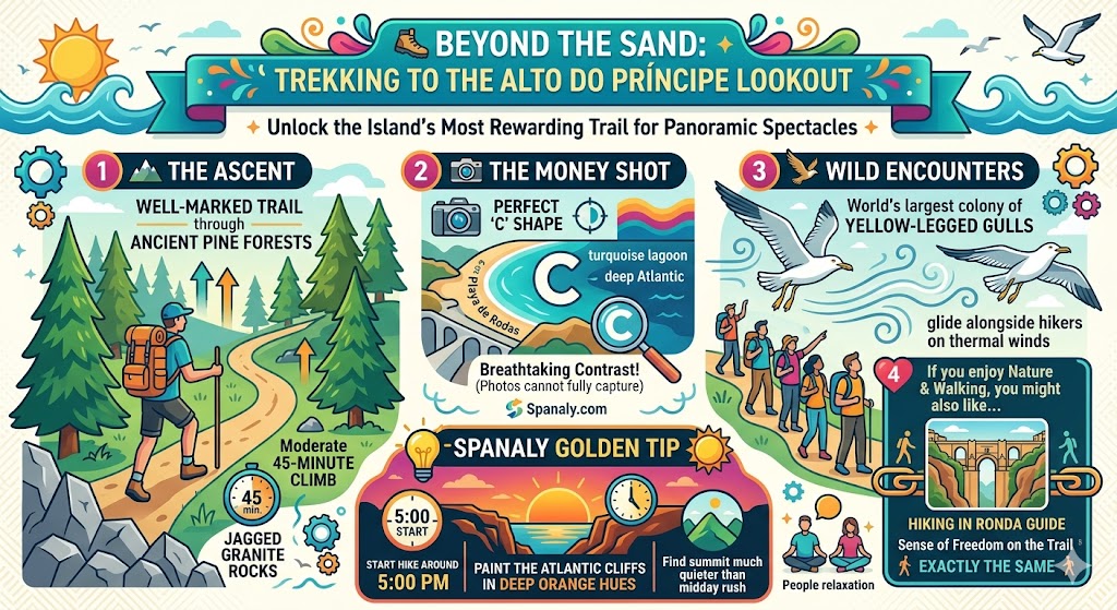 A detailed infographic guide for hiking to the Alto do Príncipe Lookout in the Cíes Islands, illustrating the well-marked 45-minute trail through pine forests, panoramic views of Playa de Rodas in a 'C' shape, yellow-legged gulls, and optimal late-afternoon timing for sunset colors.
