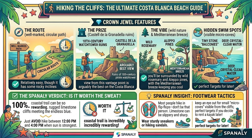 A vibrant infographic map of the Castell de la Granadella hiking trail in Javea, showing the route through the Forest Park to the historic pirate watchtower ruins.