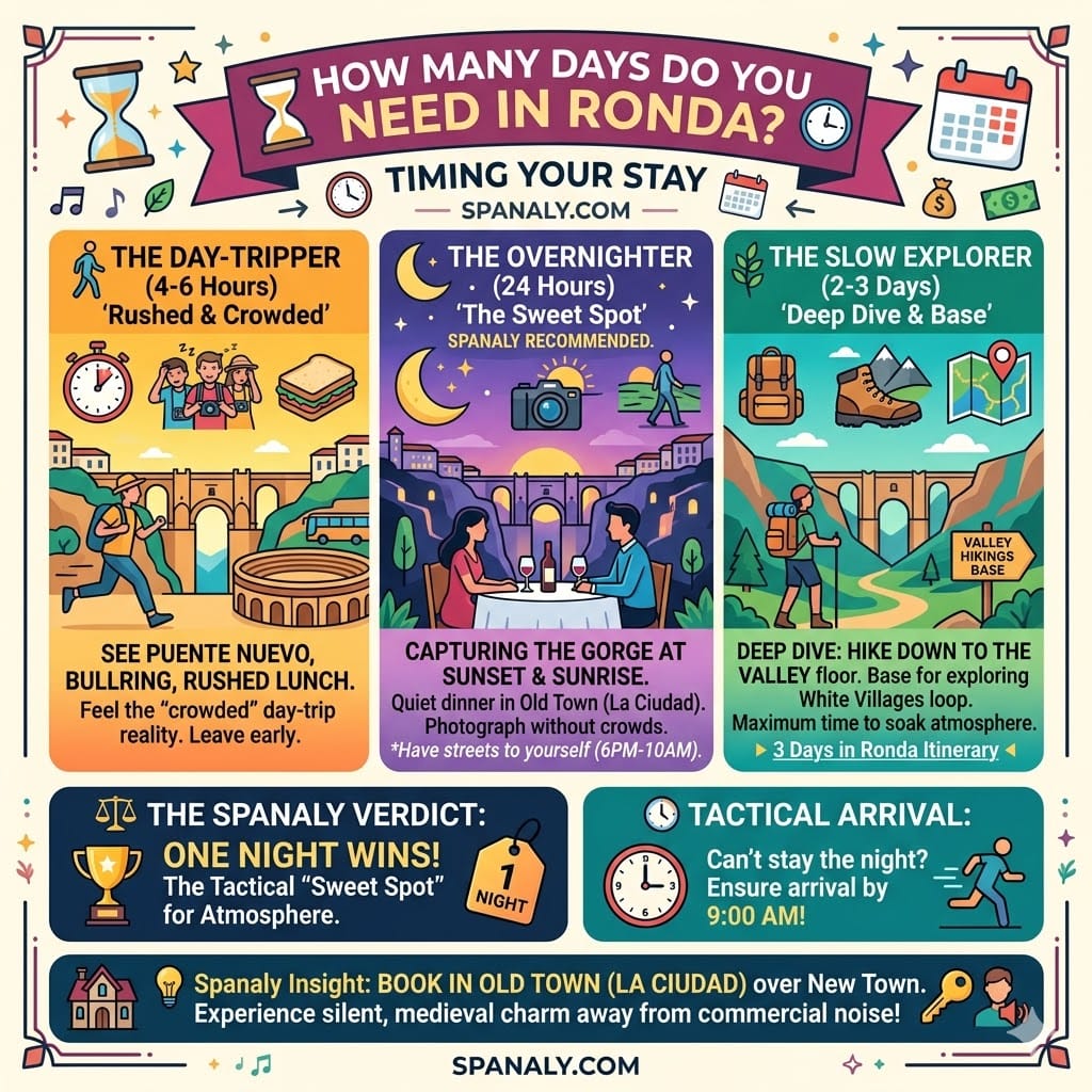 A tactical travel infographic comparing different stay durations in Ronda, Spain, highlighting the benefits of an overnighter to experience the gorge at sunset and sunrise without crowds.