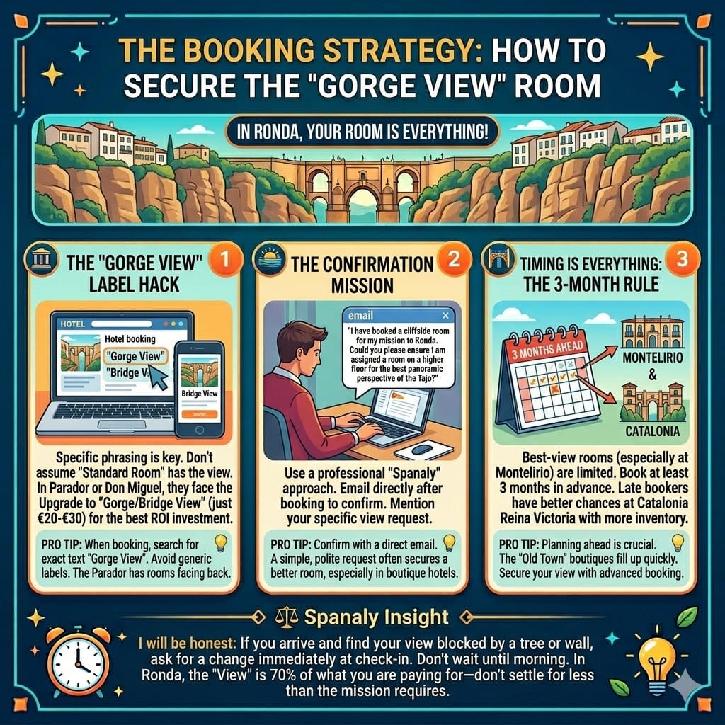 Infographic guide for booking a gorge view room in Ronda, explaining the Gorge View label hack, email confirmation strategy, and the 3-month booking rule for Spanaly travelers.