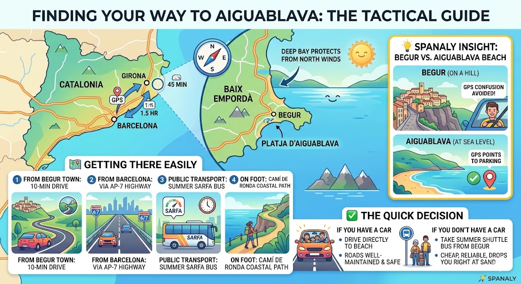 A colorful infographic map showing transportation routes to Aiguablava beach from Barcelona, Girona, and Begur, including bus and hiking trail options.
