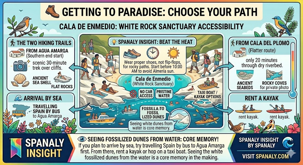 Infographic guide on how to get to Cala de Enmedio featuring hiking trails from Agua Amarga and Cala del Plomo, plus kayak and taxi boat options.