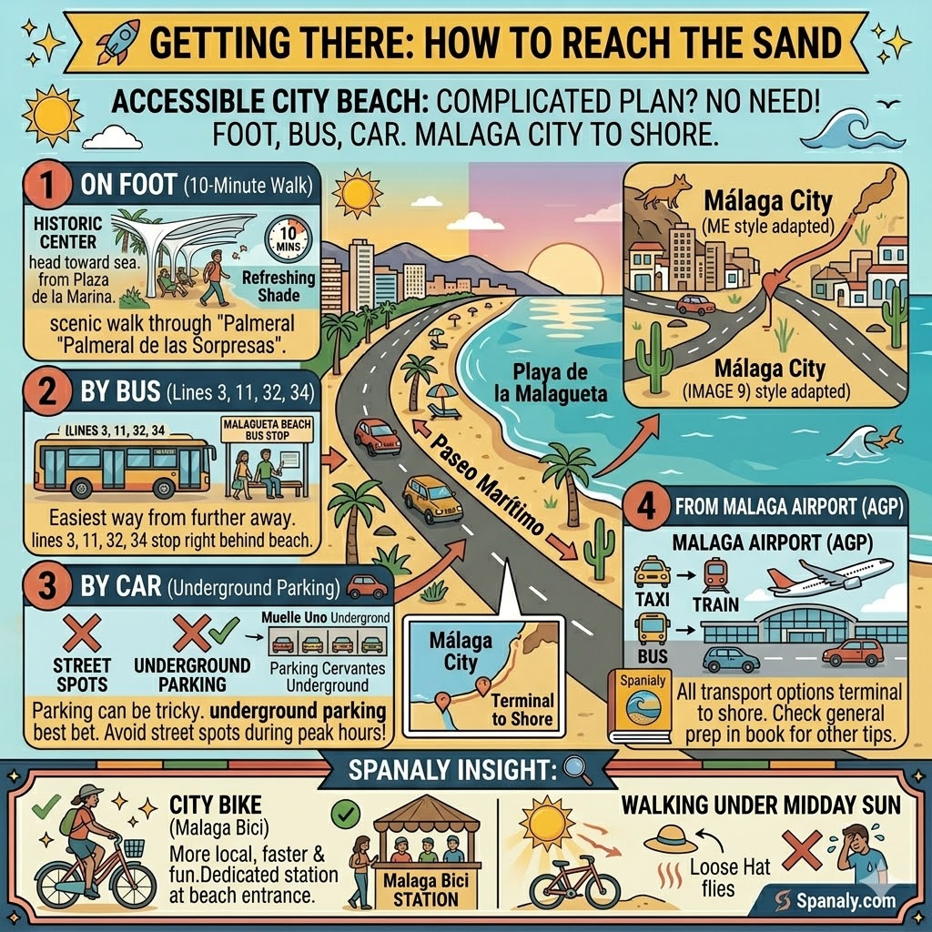 A transportation infographic for La Malagueta beach in Malaga, showing walking routes from the city center, bus lines 3, 11, 32, and 34, parking locations, and city bike rental tips.