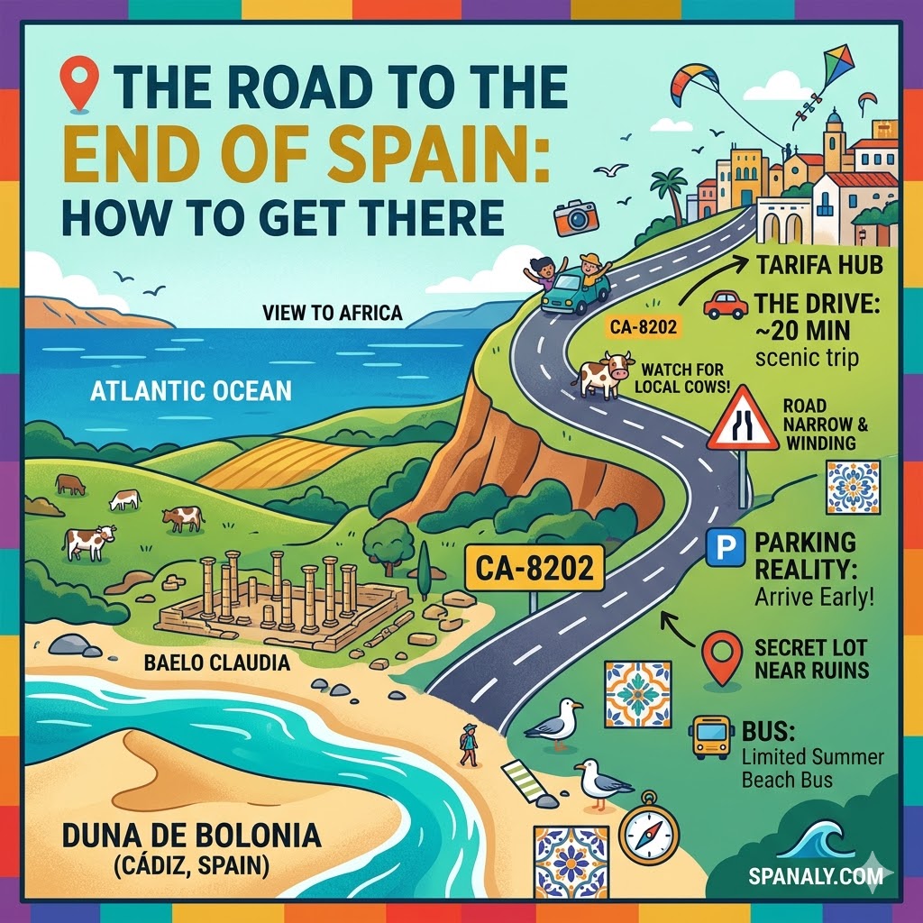 A vibrant tactical infographic showing the road CA-8202 from Tarifa to Playa de Bolonia, including driving time, parking tips, and warnings about local cattle on the route.