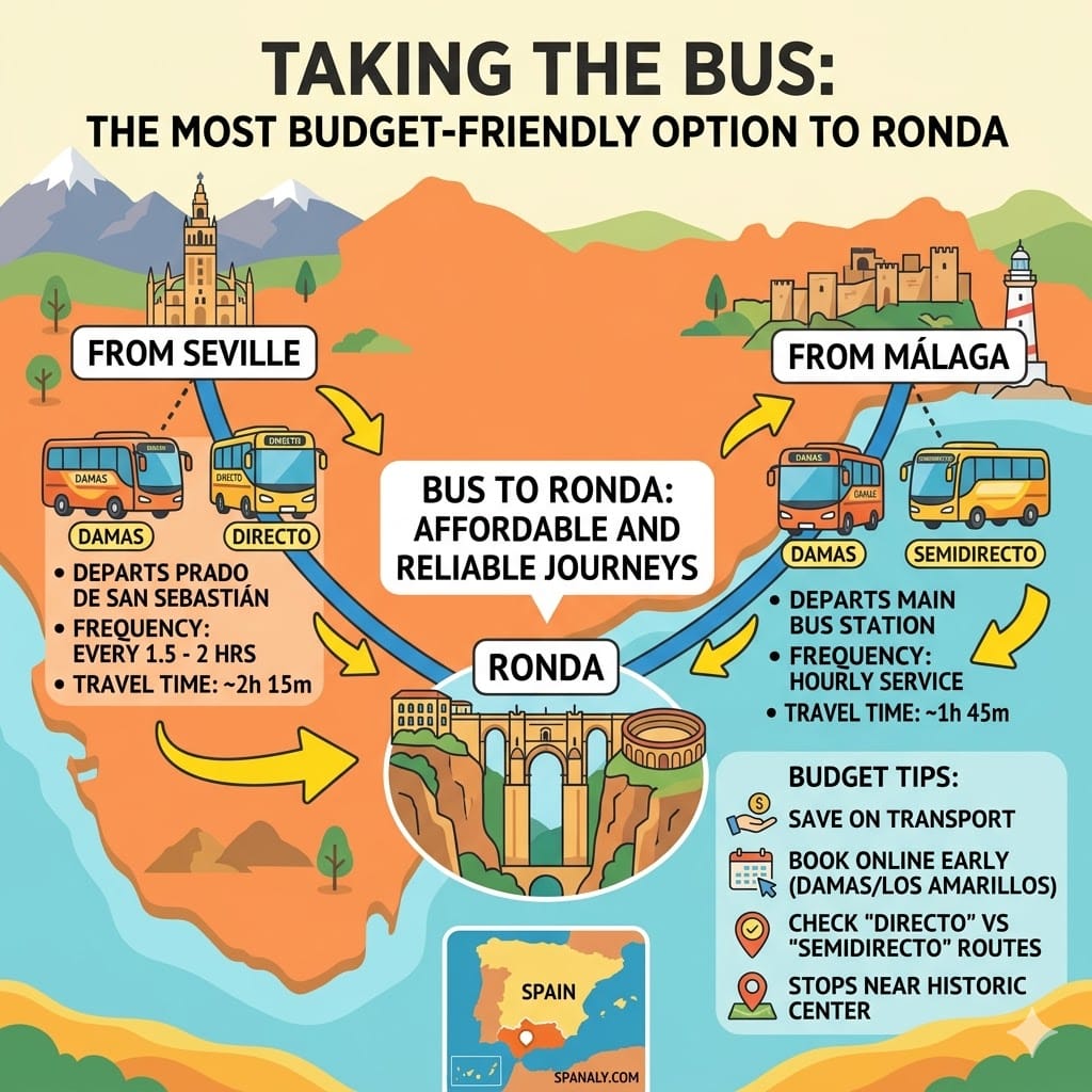 A colorful flat vector infographic map in the Spanaly style showing bus routes to Ronda from Málaga (Damas) and Seville (Prado de San Sebastián), featuring key operators, budget tips, "Directo" vs. "Semidirecto" service, and the Spanaly.com watermark.