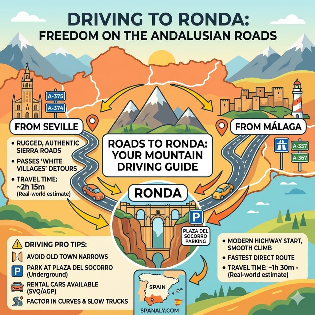 A colorful flat vector infographic map in the Spanaly style showing the two main driving routes to Ronda from Málaga (smooth climb) and Seville (windy road trip), featuring travel times, key road signs (A-367, A-375), Grazalema/Zahara detours, Plaza del Socorro parking, and the Spanaly.com watermark.