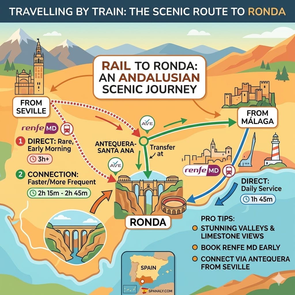 A colorful flat vector infographic map in the Spanaly style showing direct and connecting train routes to Ronda from Málaga (Maria Zambrano) and Seville (with Antequera transfer), featuring stunning scenic highlights and the Spanaly.com watermark.