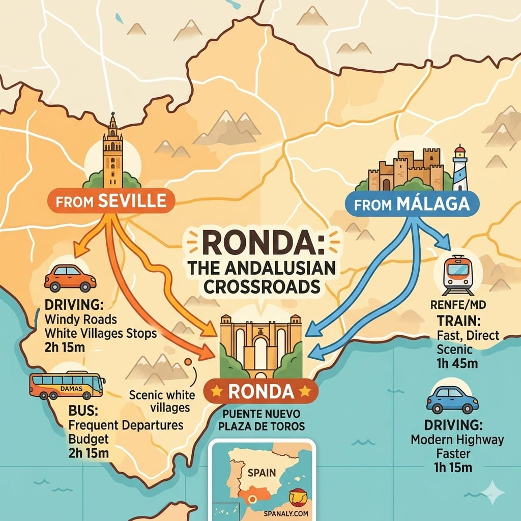 A flat vector infographic comparing transport routes to Ronda from Seville and Málaga, including driving times, bus and train options, with a small Spain map and Spanaly.com watermark.