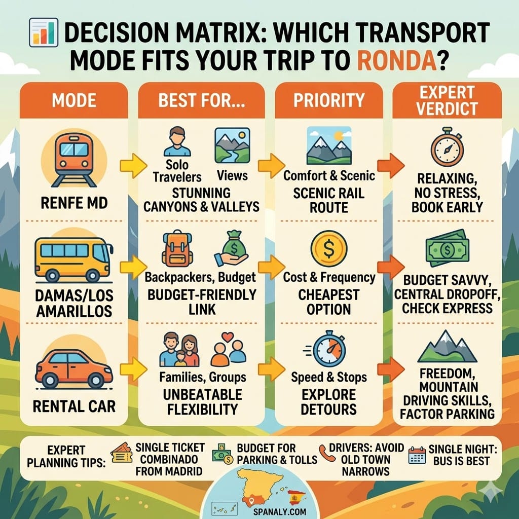 A colorful flat vector infographic in the Spanaly style, showcasing a decision matrix for transport options to Ronda (Train, Bus, Car), comparing priority factors (Cost, Speed, Views, Flexibility) and offering expert verdicts for solo travelers, families, backpackers, and luxury seekers, with tactical tips and the Spanaly.com watermark.