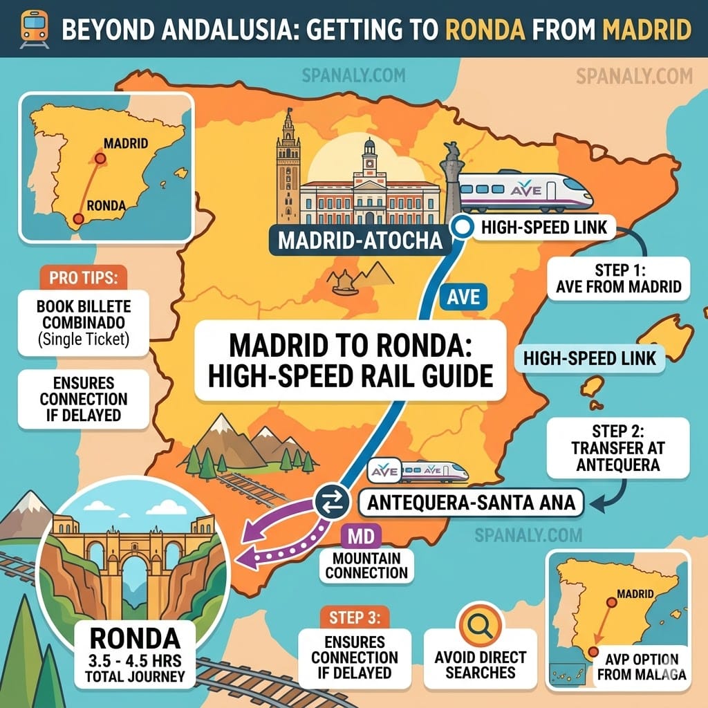 A colorful flat vector infographic map in the Spanaly style showing the high-speed AVE train route from Madrid (Atocha) to Antequera-Santa Ana, featuring the MD connection to Ronda, travel times (3.5 - 4.5 hours), tactical advice on booking a 'Billete Combinado' for connection security, and the Spanaly.com watermark.