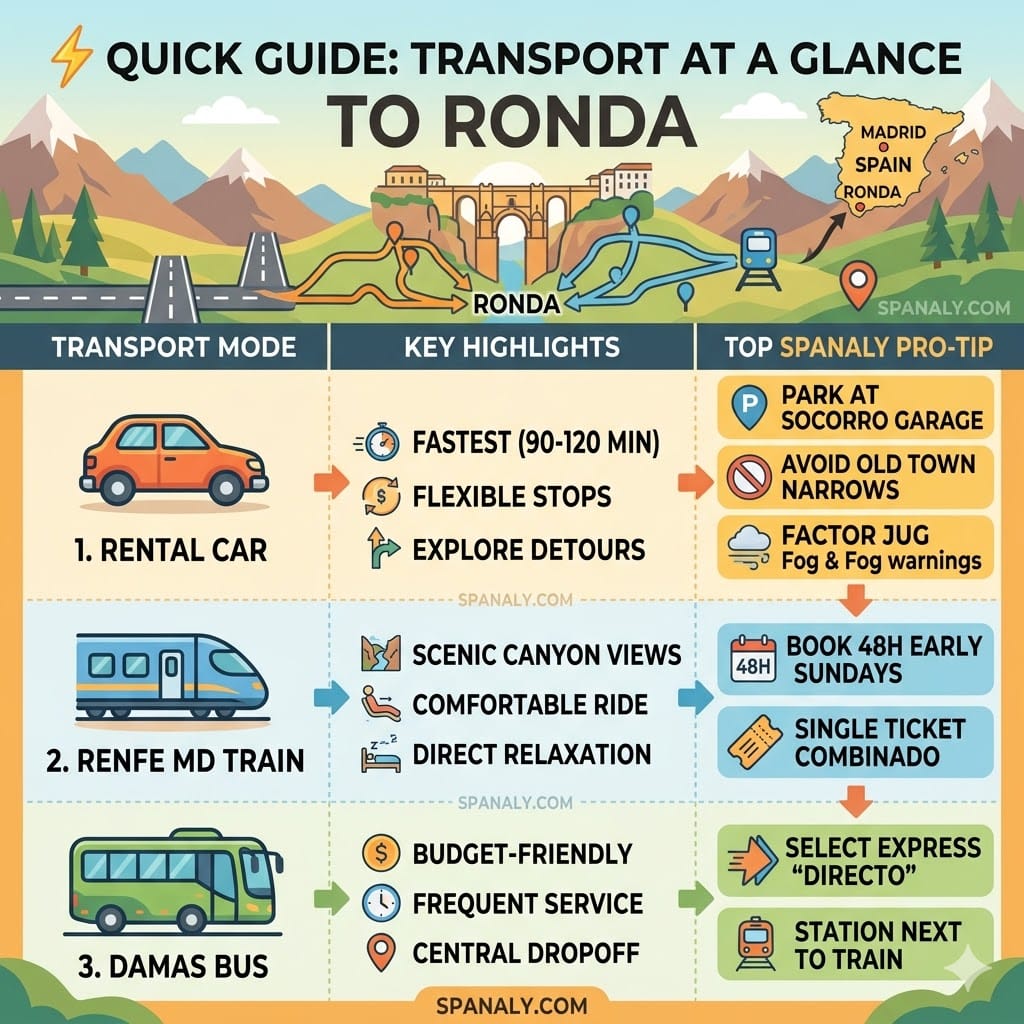 A colorful flat vector infographic in the Spanaly style showing a comparison of car, train, and bus transport to Ronda including speed, cost, and tactical pro-tips for each mode.
