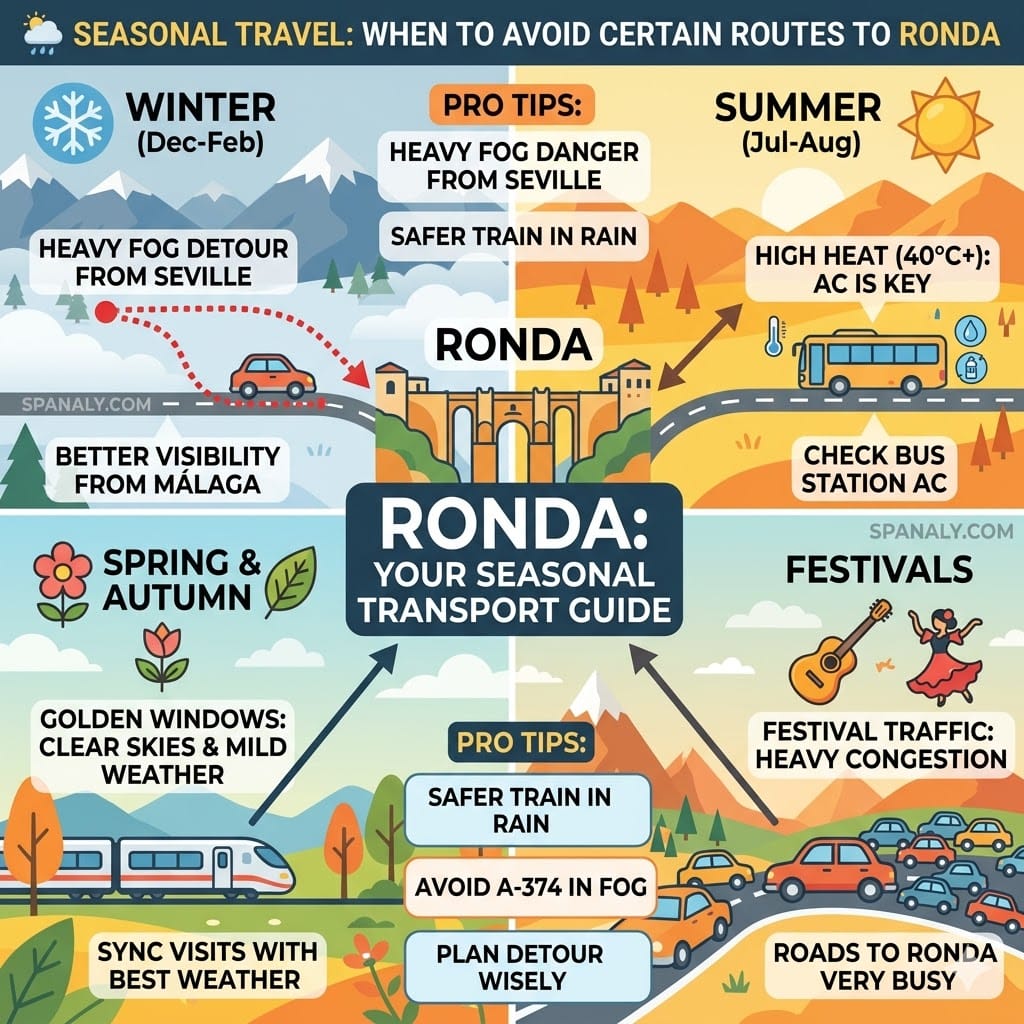 A colorful flat vector infographic map in the Spanaly style showing seasonal transport advice to Ronda, featuring a four-quadrant design for Winter (heavy fog detours from Seville), Summer (high heat warnings for bus travel), Spring & Autumn (golden window for all transport), and Festivals (congestion warnings), with critical tactical tips, a small Spain map, and the Spanaly.com watermark.
