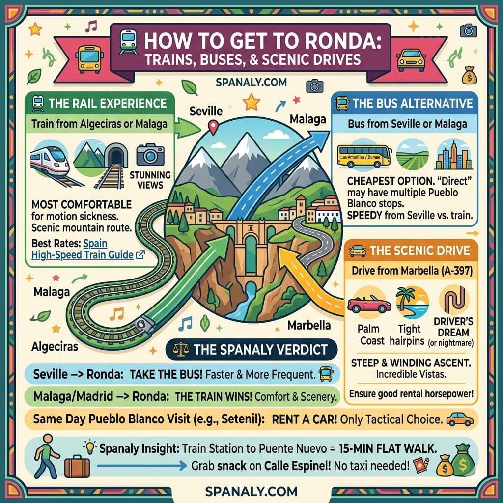 A detailed transport infographic for Ronda, Spain, comparing train routes from Algeciras and Malaga, bus options from Seville, and scenic driving tips via the A-397 mountain road.