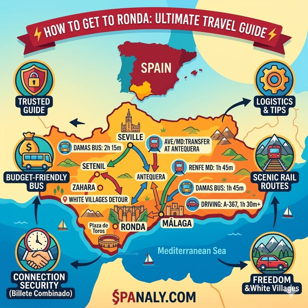 An epic colorful flat vector infographic featured image for Ronda travel guide showing a large map of Spain with prominent routes from Seville and Málaga converging at Ronda, featuring key icons for budget-friendly bus, scenic rail routes, connection security (Billete Combinado), and White Village detours, with 'HOW TO GET TO RONDA' title and 'SPANALY.COM' watermark.