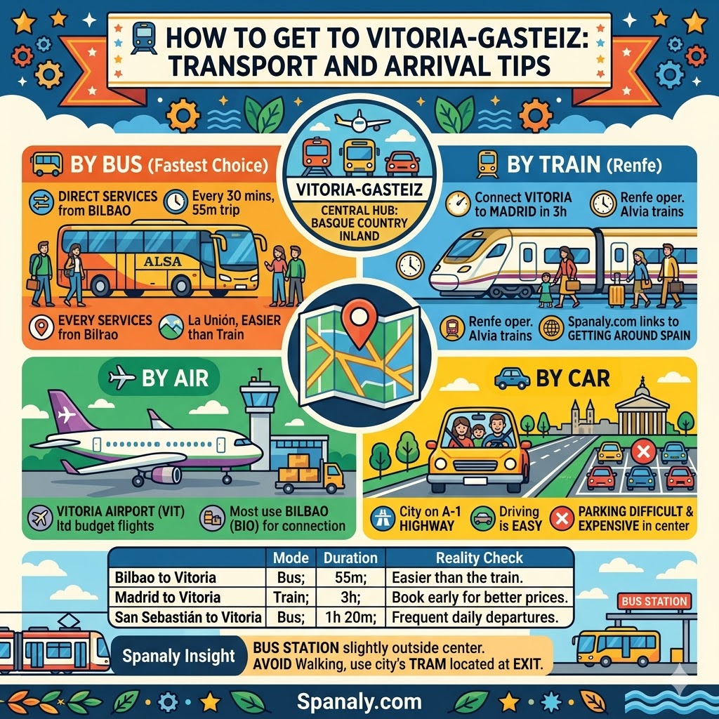 An infographic explaining how to get to Vitoria-Gasteiz by bus, train, car, and plane, including travel times from Bilbao and Madrid.