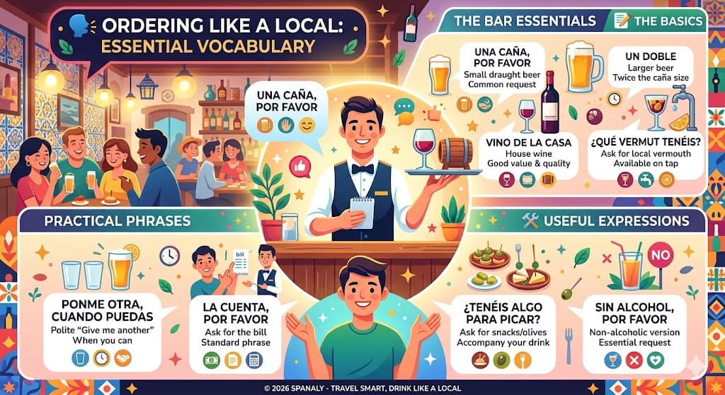 A colorful infographic titled Ordering Like a Local: Essential Vocabulary, providing Spanish phrases for ordering beer, wine, and vermouth, along with practical expressions like asking for the bill or non-alcoholic options.