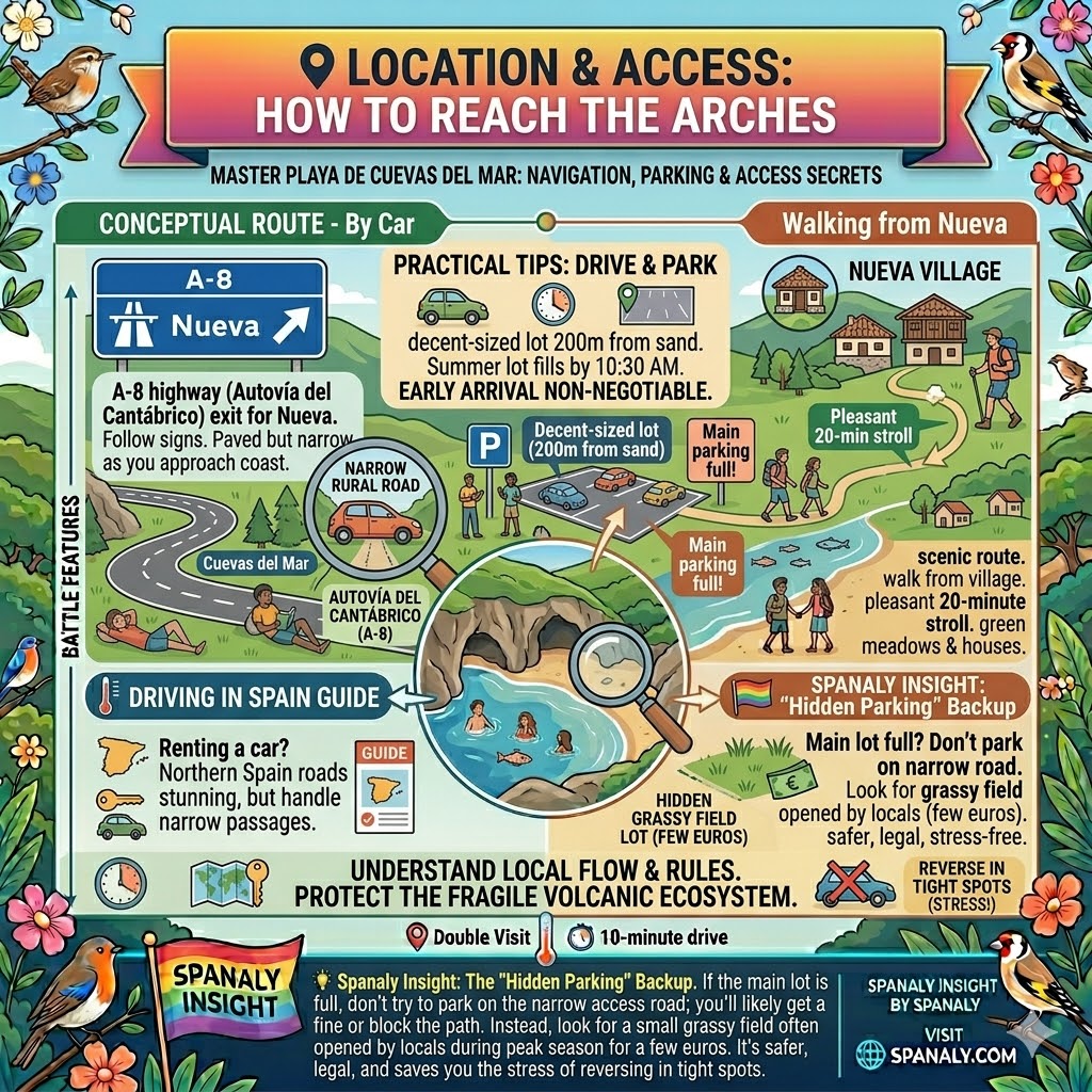 Access guide infographic for Playa de Cuevas del Mar featuring car directions from A-8 highway, parking tips, and the scenic walking route from Nueva village.