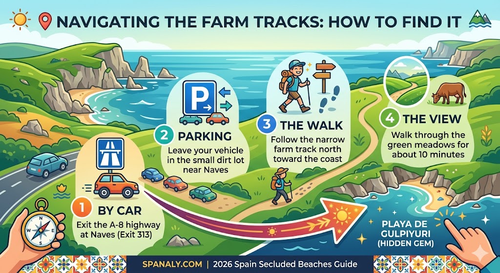 A colorful infographic map showing how to reach Playa de Gulpiyuri, featuring the A-8 highway exit, parking location, and the farm track walking route.