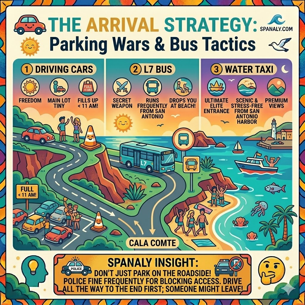 Logistics infographic for Cala Comte Ibiza showing parking tips, the L7 bus route from San Antonio, and water taxi options to avoid traffic.