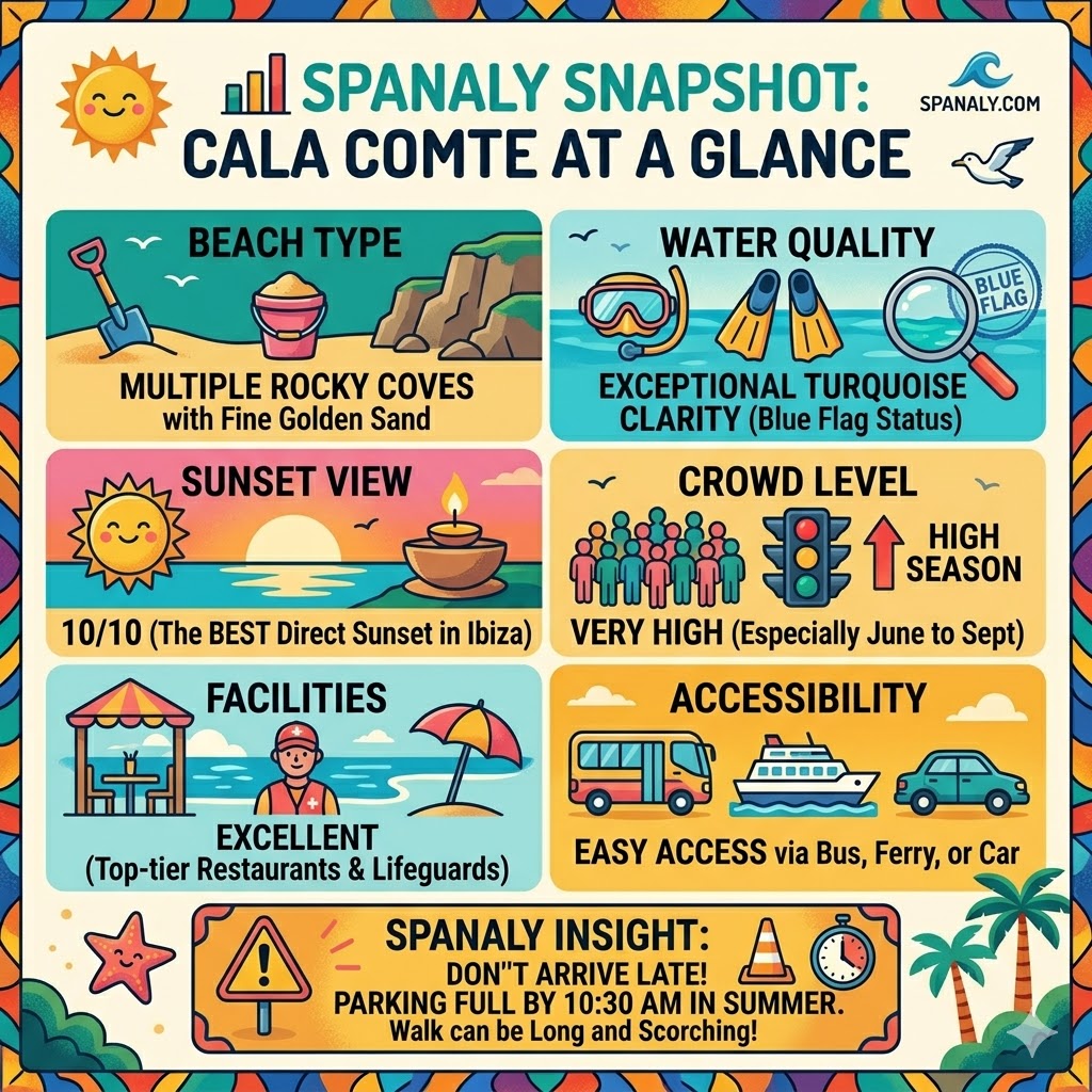 A colorful travel snapshot infographic for Cala Comte in Ibiza featuring beach features, turquoise water quality, sunset ratings, crowd levels, and essential parking tips for visitors.