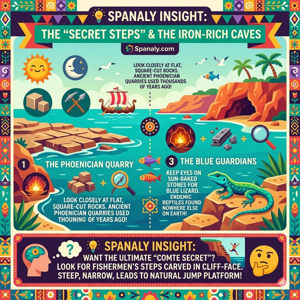 Infographic showing hidden gems at Cala Comte Ibiza including the ancient Phoenician Quarry, the iron-rich sea cave, and the endemic blue Pitiusic Wall Lizard.