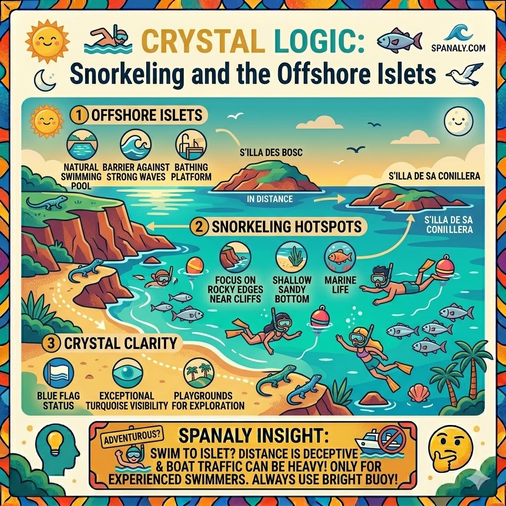 Snorkeling infographic for Cala Comte Ibiza showing the best underwater spots, S’Illa des Bosc islet, and safety tips for swimming in turquoise waters.