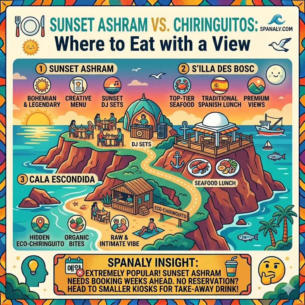 Infographic dining guide for Cala Comte Ibiza featuring Sunset Ashram, S'Illa des Bosc seafood, and Cala Escondida eco-chiringuito with booking tips.