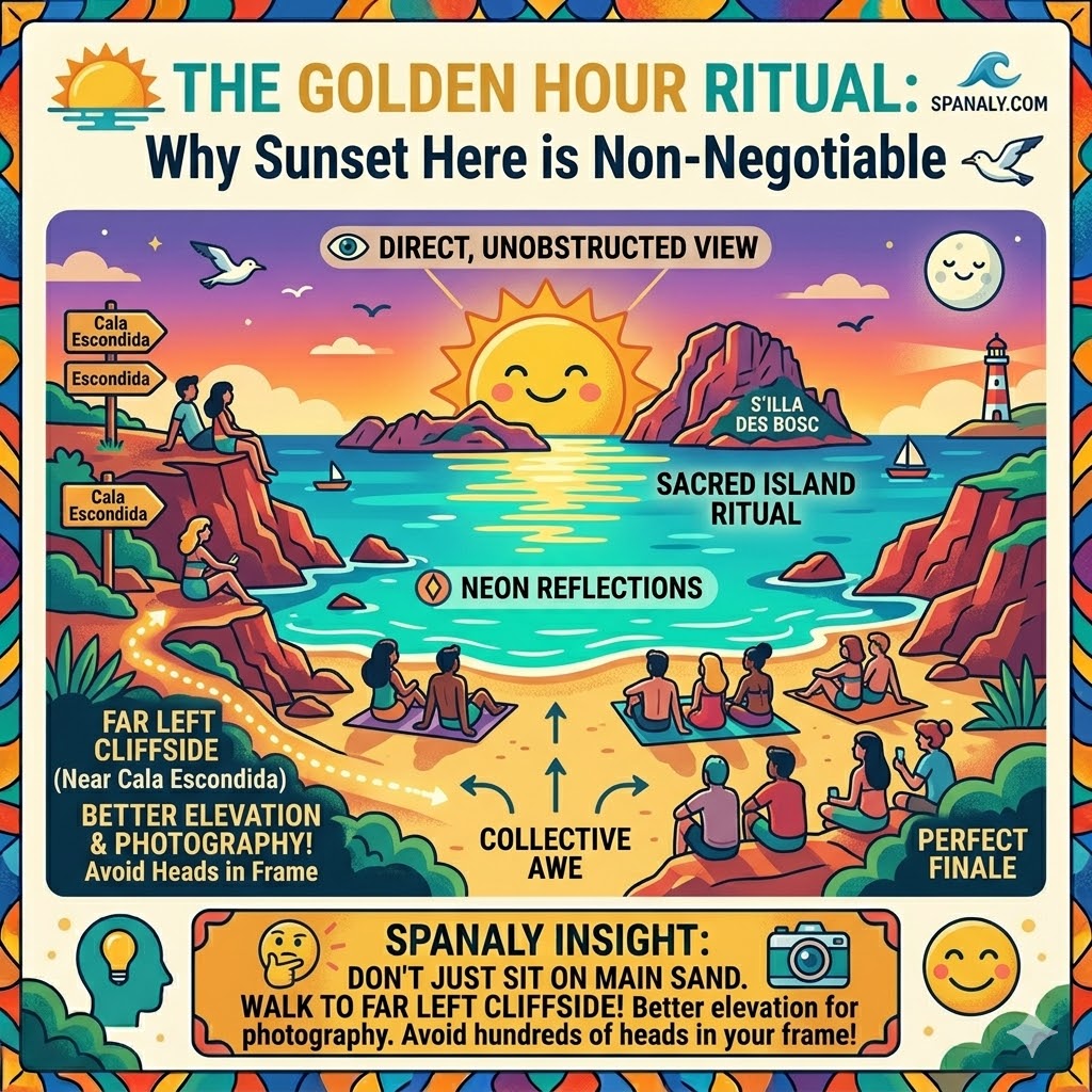 Infographic of the sunset at Cala Comte in Ibiza showing the best viewing spots near Cala Escondida and the offshore islets of S'Illa des Bosc for photography.