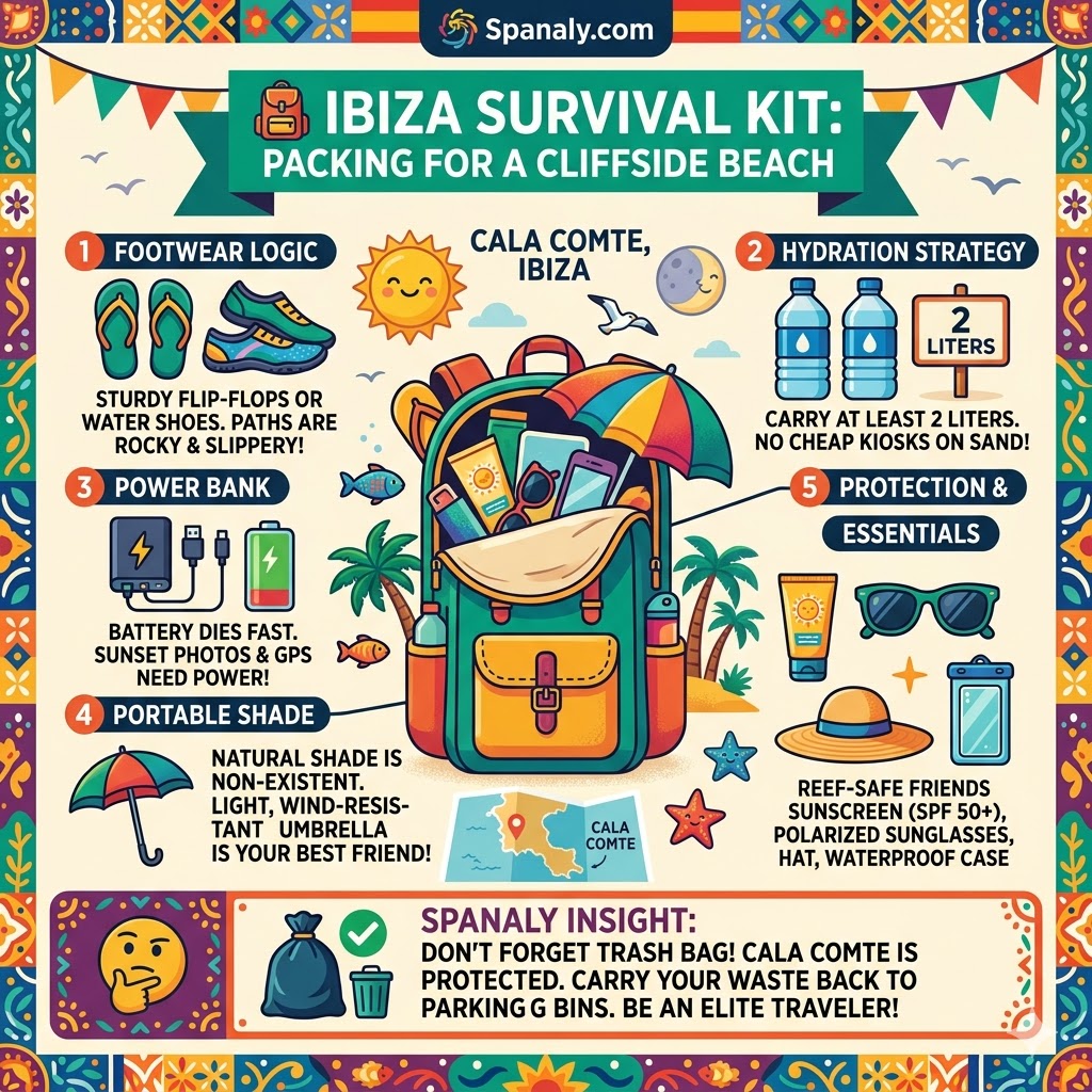 A detailed packing guide infographic for Cala Comte Ibiza featuring essential gear like water shoes, portable shade, 2-liter hydration strategy, and reef-safe sunscreen.