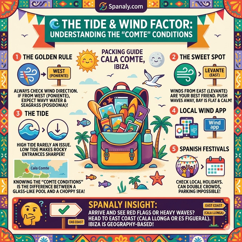 Expert infographic explaining wind conditions at Cala Comte Ibiza, showing the difference between West Poniente waves and East Levante calm turquoise waters.