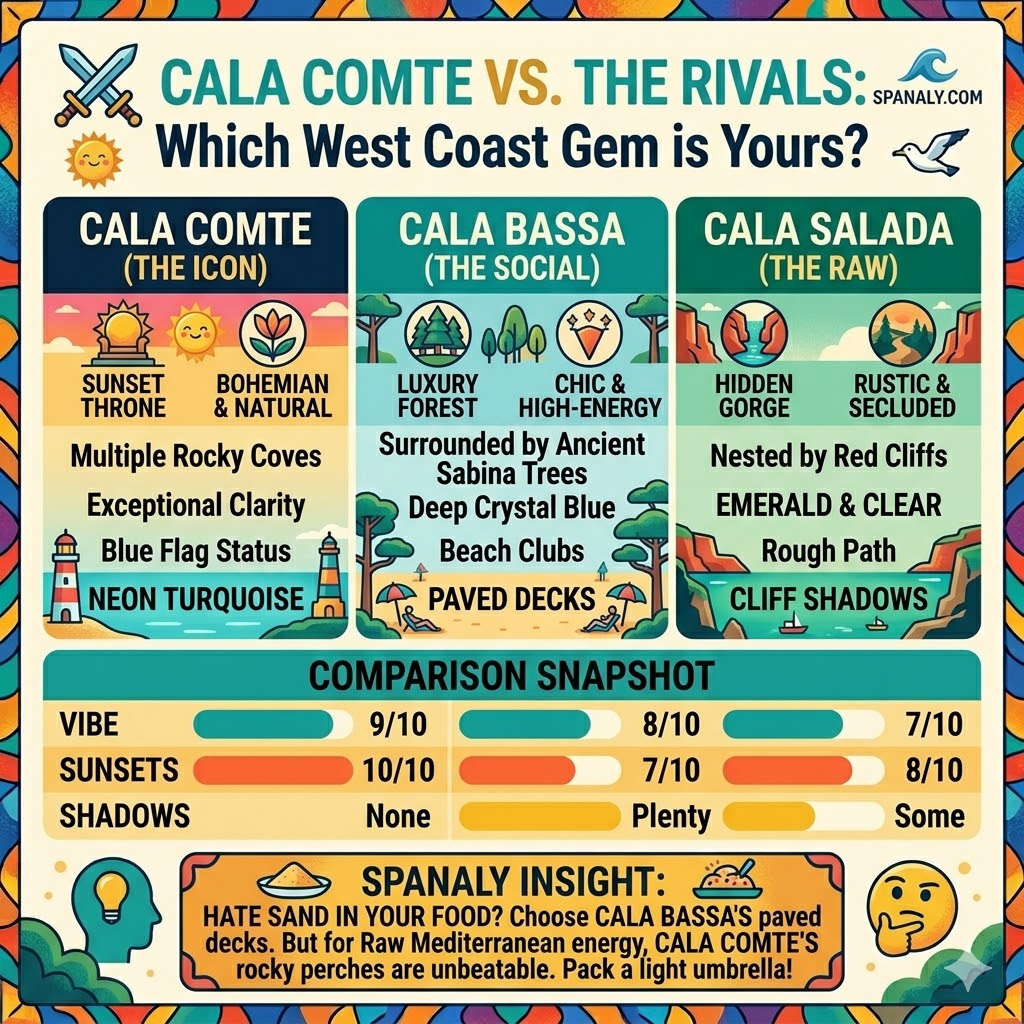 A vibrant, multi-colored travel infographic comparing Cala Comte vs Cala Bassa vs Cala Salada beaches in Ibiza. Flat vector style illustration showing differences in vibe, water color, sunsets, and shadow availability for adventurous travelers in Spain.