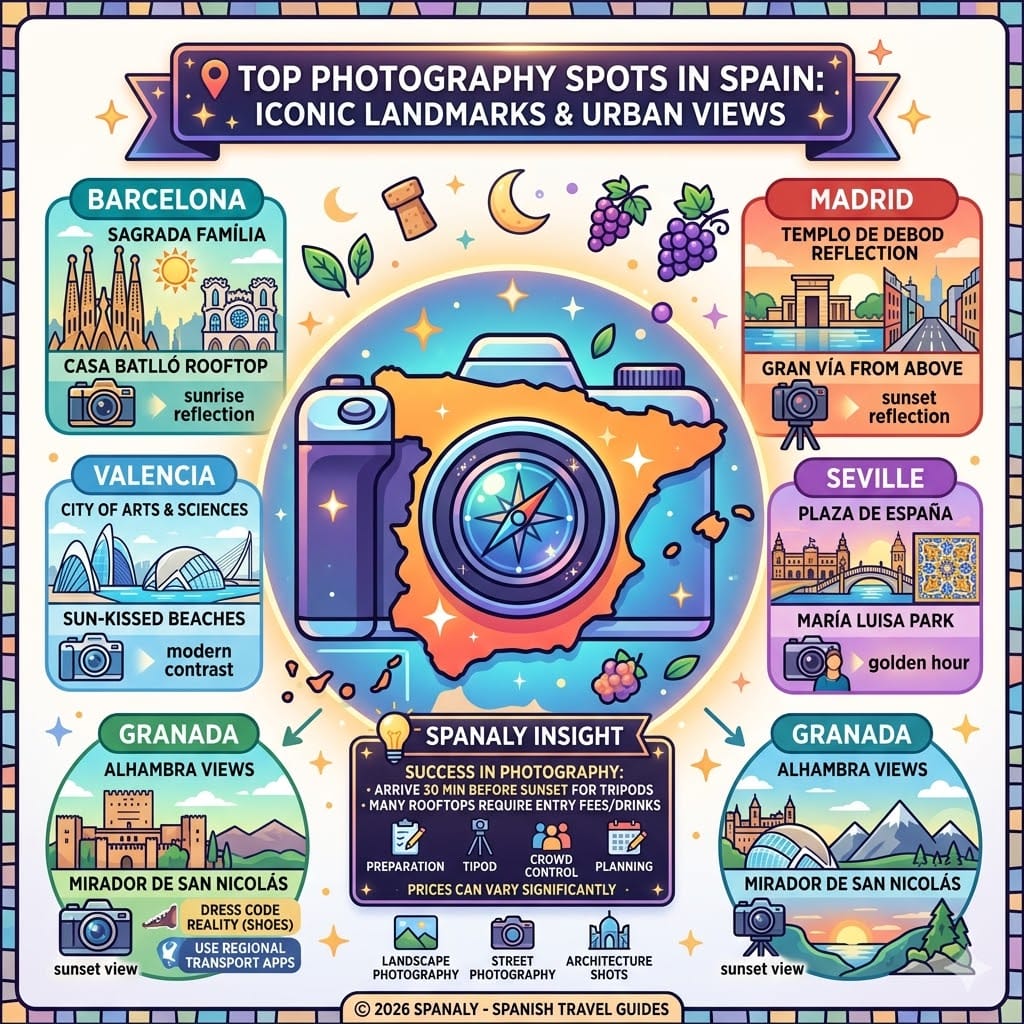 Colorful infographic highlighting the best photography spots in Spain, including Barcelona, Madrid, Seville, Granada, and Valencia. It features tips for capturing iconic landmarks, golden hour timings, and architectural photography advice for travelers.