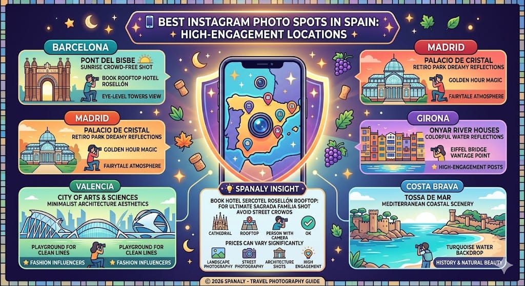 Colorful infographic highlighting the best Instagram photography spots in Spain, including Barcelona, Madrid, Girona, Valencia, and Costa Brava. It offers specific tips for capturing high-engagement photos, such as Pont del Bisbe at sunrise and Palacio de Cristal at golden hour. A central Spanaly Insight section advises on unique perspective options for famous landmarks.