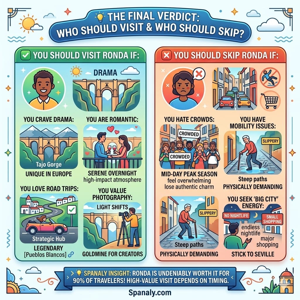 A comprehensive decision-maker infographic for Ronda, comparing the reasons to visit like dramatic views and romance against reasons to skip like crowds and mobility challenges.